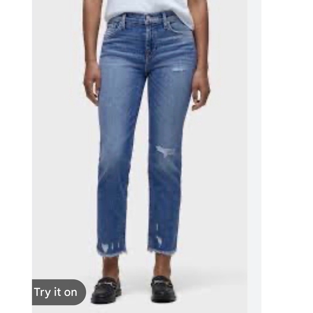 Rag & Bone Dre Slim Boyfriend Jeans 25 Blue Distressed Raw Hem Low Rise